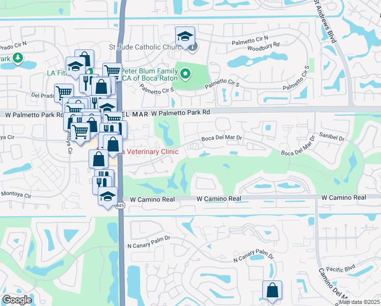 map of restaurants, bars, coffee shops, grocery stores, and more near 6243 Brava Way in Boca Raton