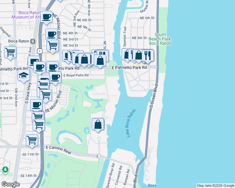 map of restaurants, bars, coffee shops, grocery stores, and more near 200 Northeast 5th Avenue in Boca Raton