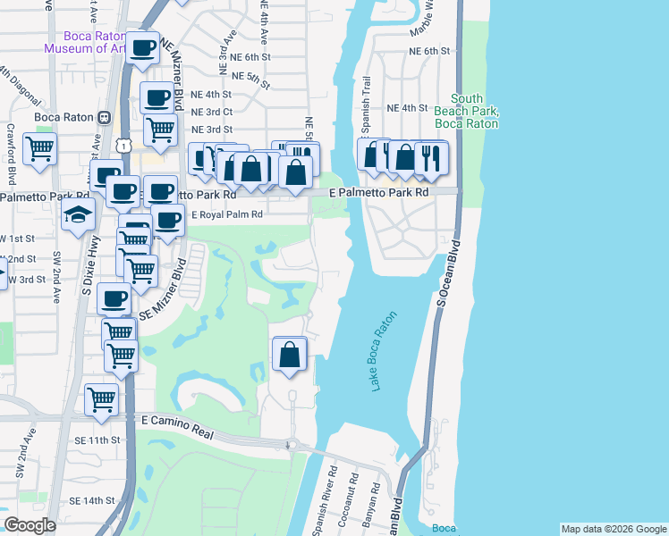 map of restaurants, bars, coffee shops, grocery stores, and more near 200 Northeast 5th Avenue in Boca Raton