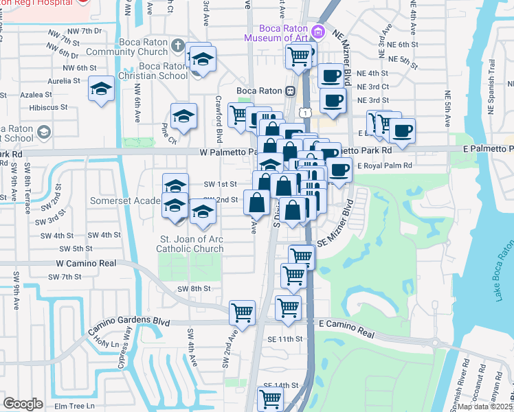 map of restaurants, bars, coffee shops, grocery stores, and more near 214 Southwest 2nd Avenue in Boca Raton