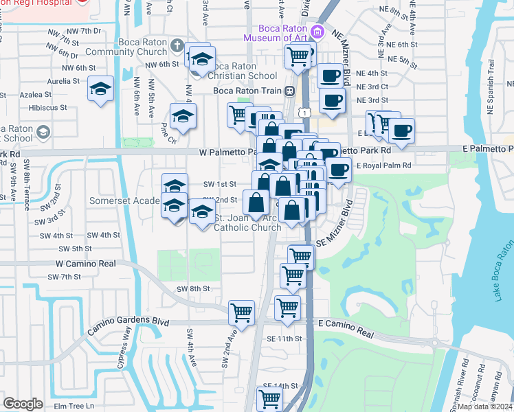 map of restaurants, bars, coffee shops, grocery stores, and more near 214 Southwest 2nd Avenue in Boca Raton