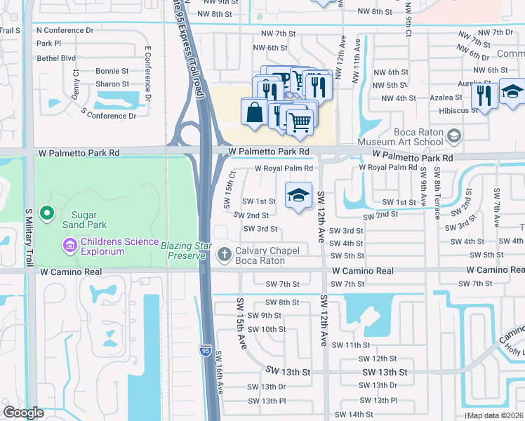 map of restaurants, bars, coffee shops, grocery stores, and more near 1399 Southwest 2nd Street in Boca Raton