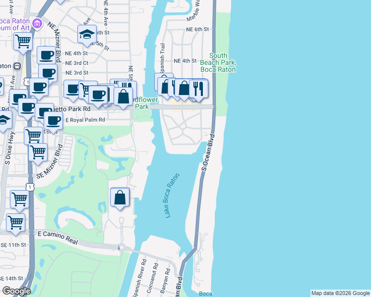 map of restaurants, bars, coffee shops, grocery stores, and more near 800 Lake Drive in Boca Raton