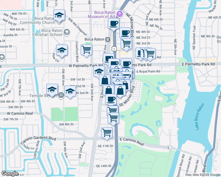 map of restaurants, bars, coffee shops, grocery stores, and more near 301 Via De Palmas in Boca Raton