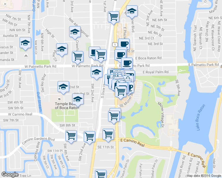 map of restaurants, bars, coffee shops, grocery stores, and more near 301 Via De Palmas in Boca Raton