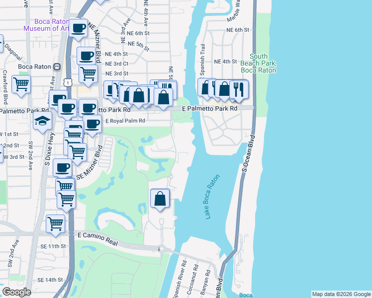 map of restaurants, bars, coffee shops, grocery stores, and more near 200 Northeast 5th Avenue in Boca Raton