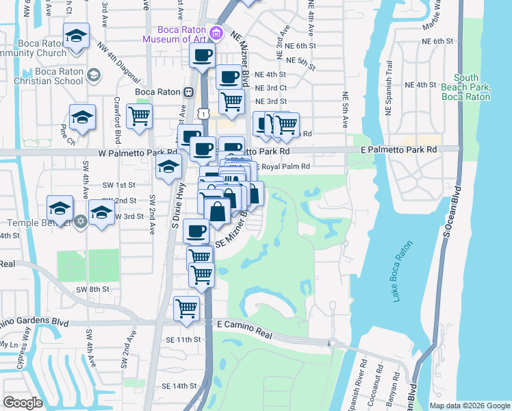 map of restaurants, bars, coffee shops, grocery stores, and more near 200 Southeast Mizner Boulevard in Boca Raton