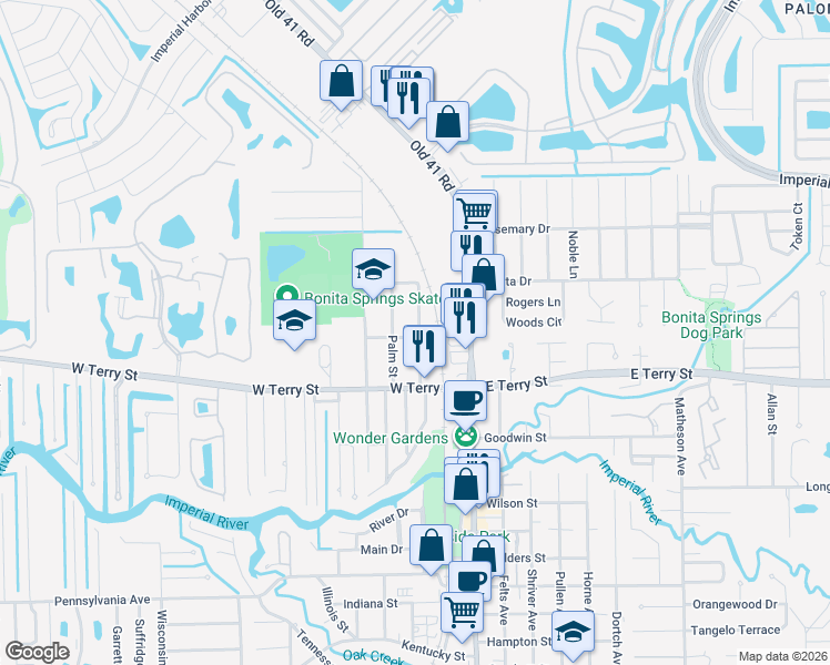 map of restaurants, bars, coffee shops, grocery stores, and more near 26860 North Riverside Drive in Bonita Springs