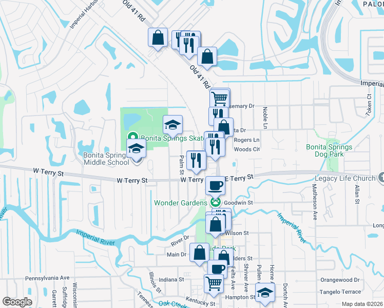 map of restaurants, bars, coffee shops, grocery stores, and more near 26860 North Riverside Drive in Bonita Springs