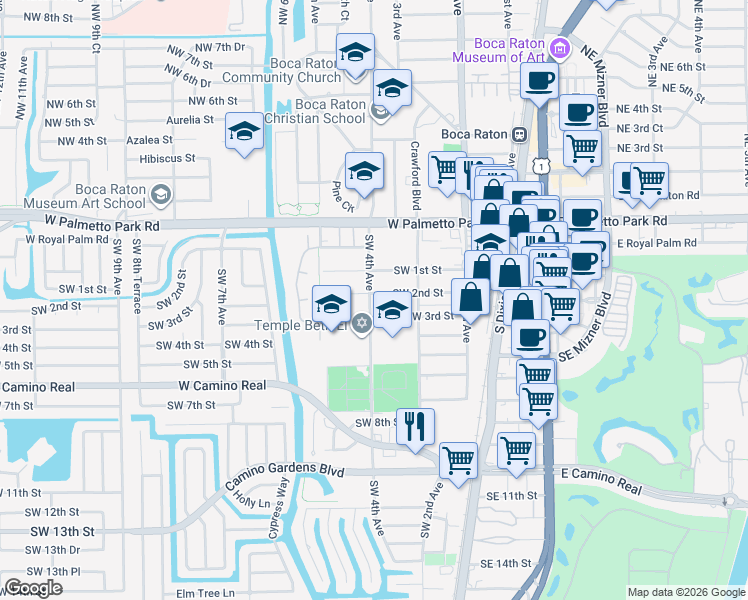 map of restaurants, bars, coffee shops, grocery stores, and more near 398 Southwest 2nd Street in Boca Raton