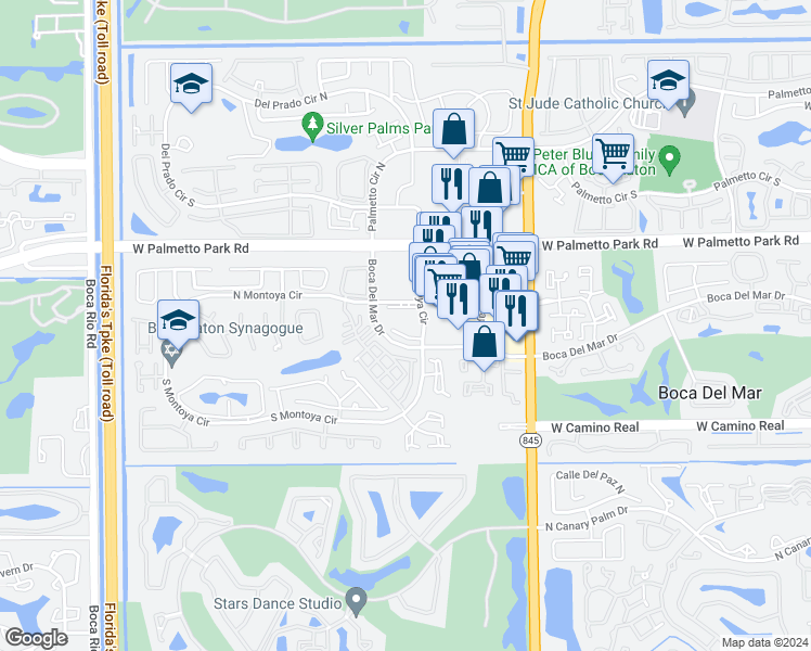 map of restaurants, bars, coffee shops, grocery stores, and more near 7225 Boca Del Mar Drive in Boca Raton