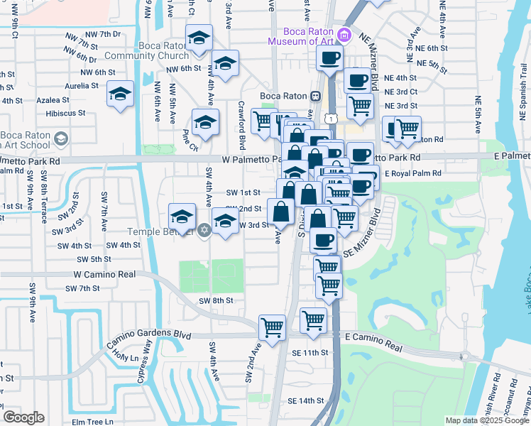 map of restaurants, bars, coffee shops, grocery stores, and more near 266 Southwest 2nd Street in Boca Raton