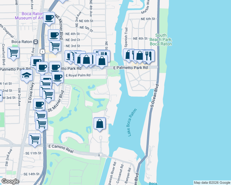 map of restaurants, bars, coffee shops, grocery stores, and more near 200 Northeast 5th Avenue in Boca Raton