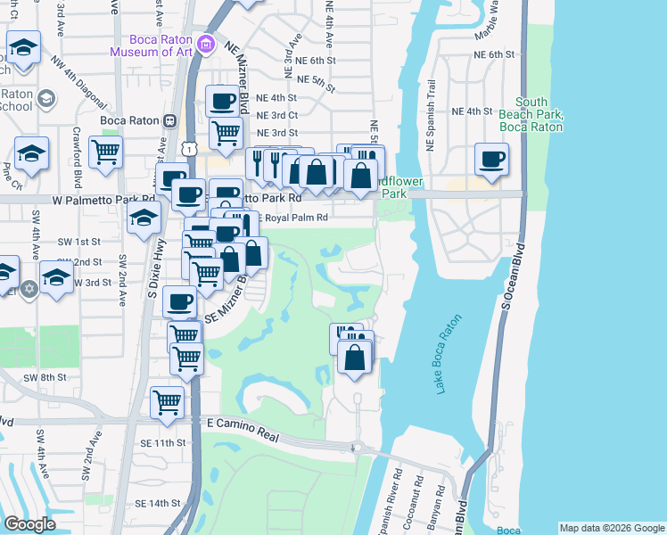 map of restaurants, bars, coffee shops, grocery stores, and more near 455 Addison Park Lane in Boca Raton