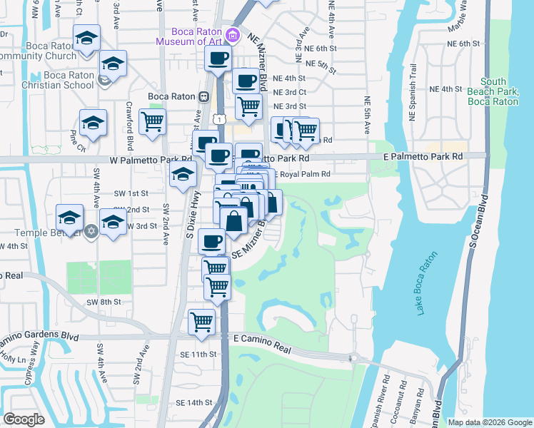 map of restaurants, bars, coffee shops, grocery stores, and more near 270 Southeast Mizner Boulevard in Boca Raton