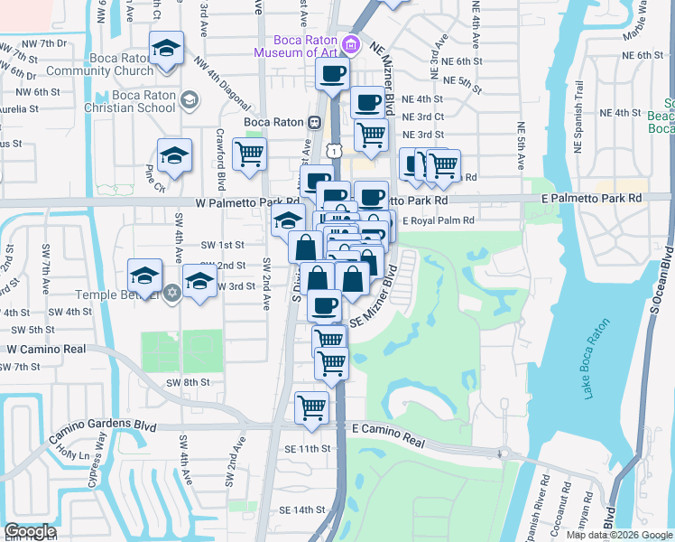map of restaurants, bars, coffee shops, grocery stores, and more near 301 Via De Palmas in Boca Raton