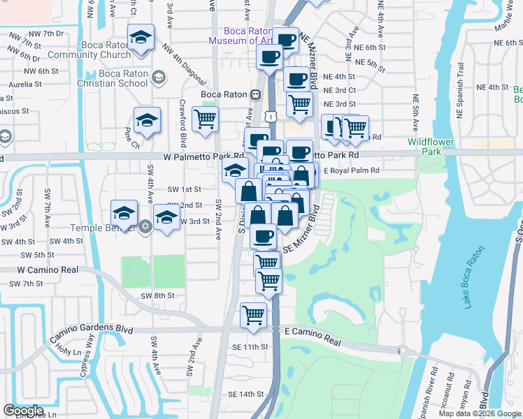 map of restaurants, bars, coffee shops, grocery stores, and more near 301 Via De Palmas in Boca Raton