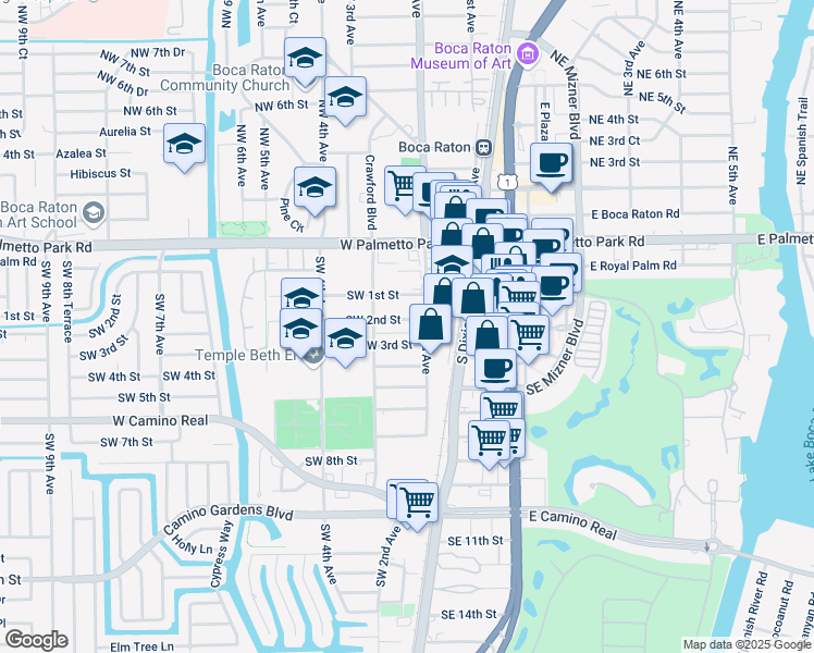 map of restaurants, bars, coffee shops, grocery stores, and more near 266 Southwest 2nd Street in Boca Raton