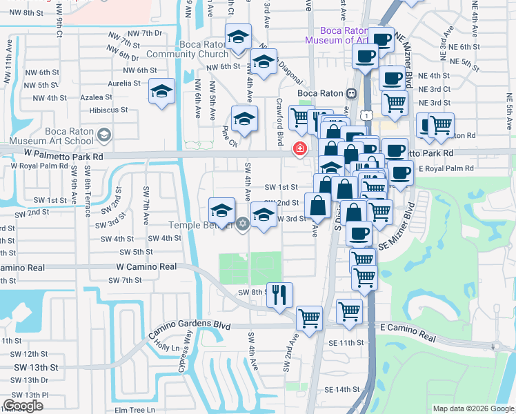 map of restaurants, bars, coffee shops, grocery stores, and more near 398 Southwest 2nd Street in Boca Raton