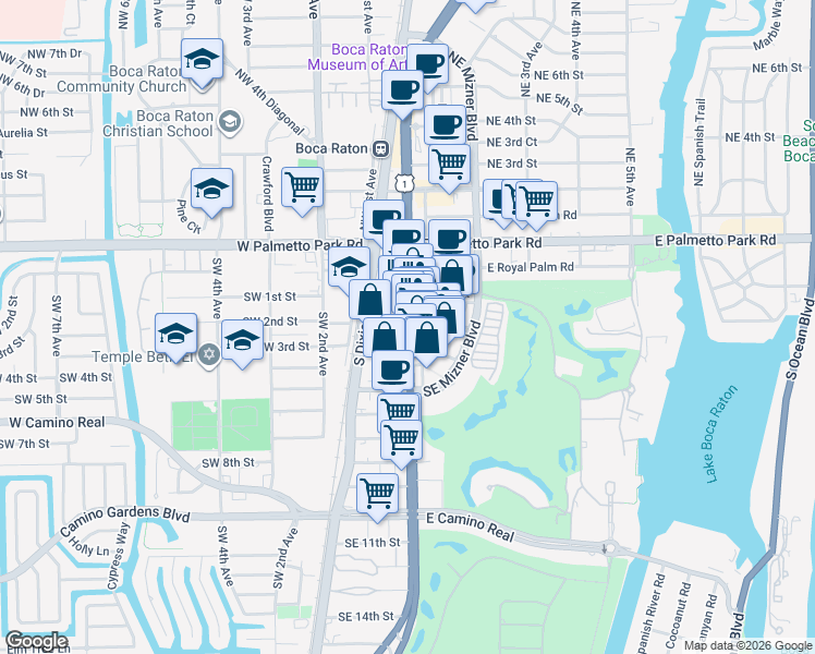 map of restaurants, bars, coffee shops, grocery stores, and more near 233 South Federal Highway in Boca Raton