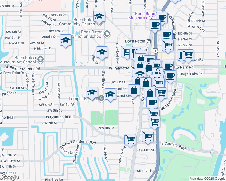 map of restaurants, bars, coffee shops, grocery stores, and more near 328 Southwest 2nd Street in Boca Raton