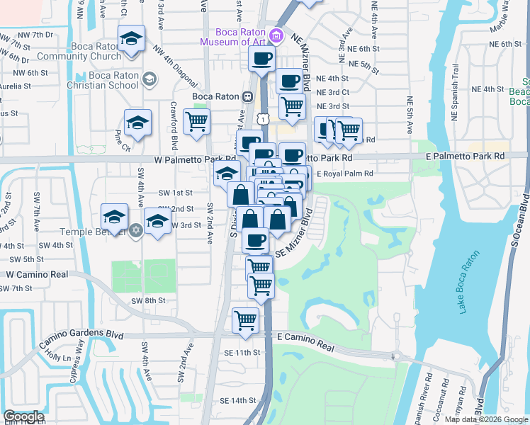 map of restaurants, bars, coffee shops, grocery stores, and more near 233 South Federal Highway in Boca Raton