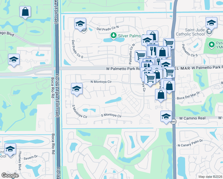 map of restaurants, bars, coffee shops, grocery stores, and more near 22136 Larkspur Trail in Boca Raton