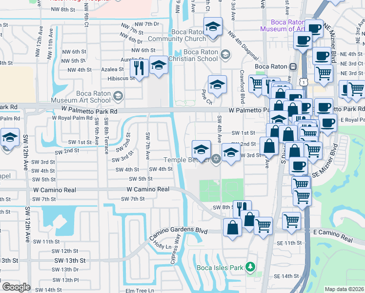 map of restaurants, bars, coffee shops, grocery stores, and more near 201 Del Rio Boulevard in Boca Raton