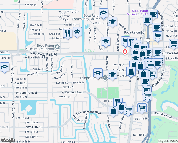 map of restaurants, bars, coffee shops, grocery stores, and more near 201 Del Rio Boulevard in Boca Raton
