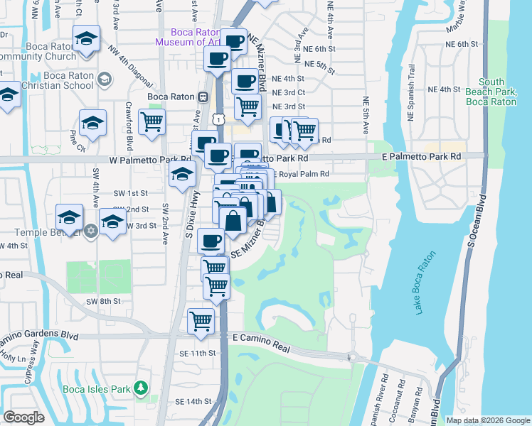 map of restaurants, bars, coffee shops, grocery stores, and more near 220 Southeast Mizner Boulevard in Boca Raton