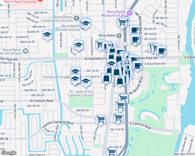 map of restaurants, bars, coffee shops, grocery stores, and more near 266 Southwest 2nd Street in Boca Raton