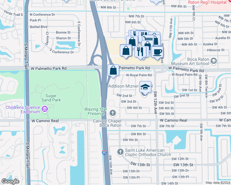 map of restaurants, bars, coffee shops, grocery stores, and more near 198 Southwest 15th Court in Boca Raton