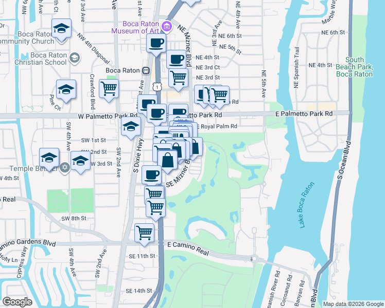 map of restaurants, bars, coffee shops, grocery stores, and more near 200 Southeast Mizner Boulevard in Boca Raton