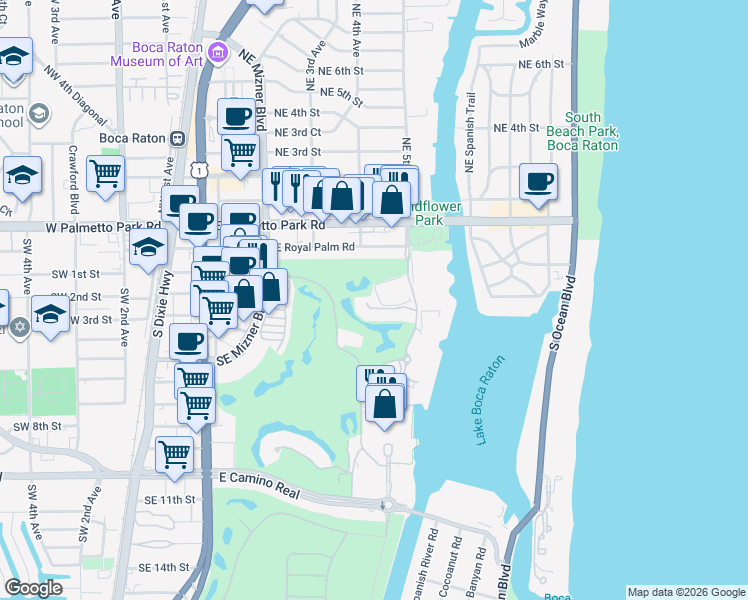 map of restaurants, bars, coffee shops, grocery stores, and more near 455 Addison Park Lane in Boca Raton