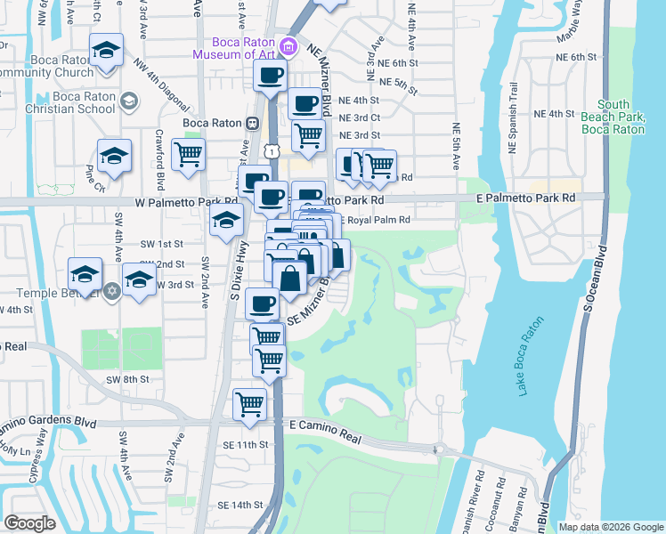 map of restaurants, bars, coffee shops, grocery stores, and more near 200 Southeast Mizner Boulevard in Boca Raton