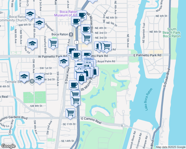 map of restaurants, bars, coffee shops, grocery stores, and more near 270 Southeast Mizner Boulevard in Boca Raton