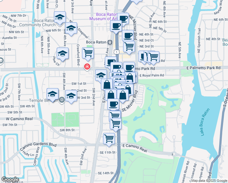 map of restaurants, bars, coffee shops, grocery stores, and more near 301 Via De Palmas in Boca Raton