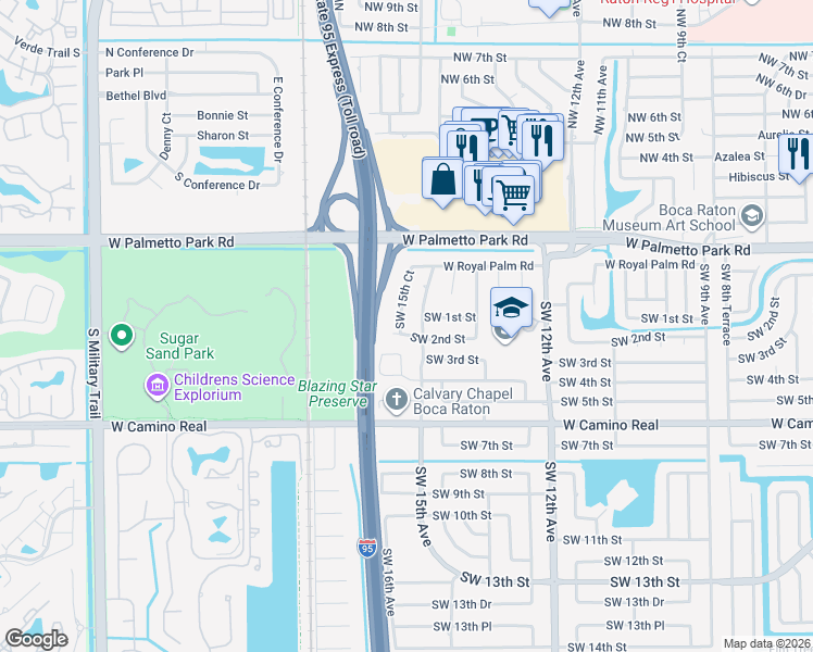 map of restaurants, bars, coffee shops, grocery stores, and more near 198 Southwest 15th Court in Boca Raton