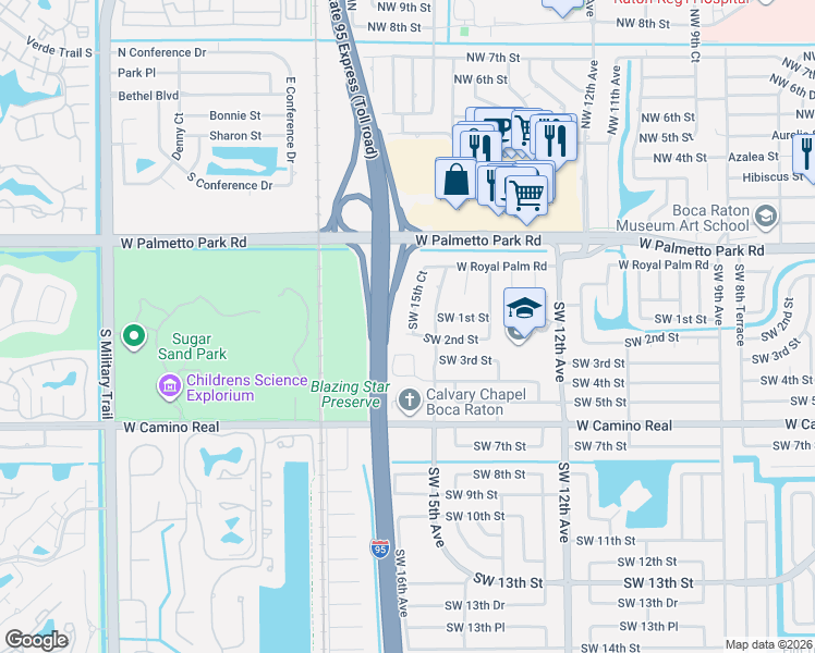 map of restaurants, bars, coffee shops, grocery stores, and more near 198 Southwest 15th Court in Boca Raton