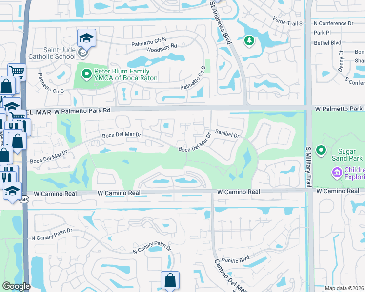 map of restaurants, bars, coffee shops, grocery stores, and more near 22148 Boca Place Drive in Boca Raton
