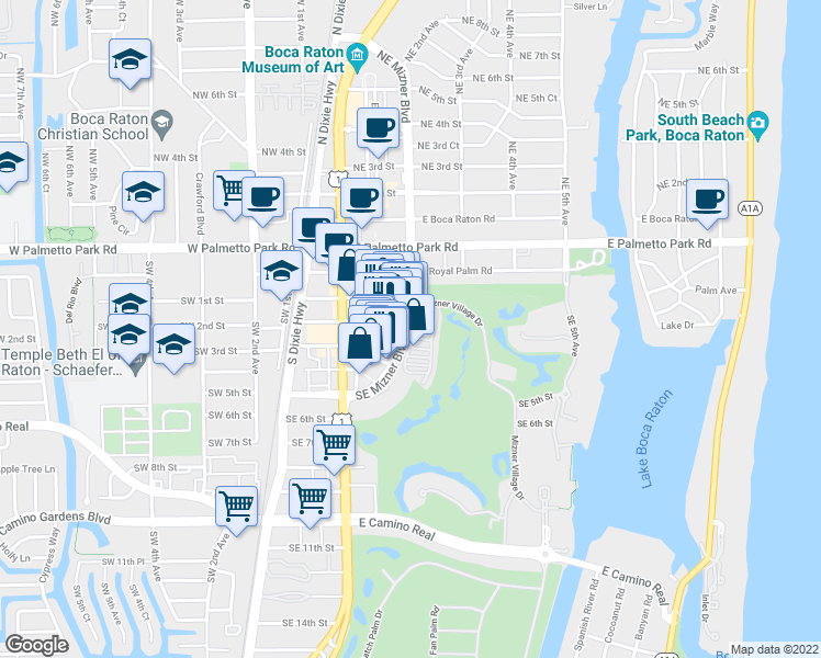 map of restaurants, bars, coffee shops, grocery stores, and more near 270 Southeast Mizner Boulevard in Boca Raton
