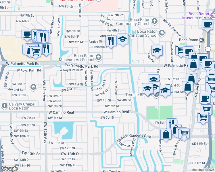 map of restaurants, bars, coffee shops, grocery stores, and more near 353 Southwest 7th Terrace in Boca Raton