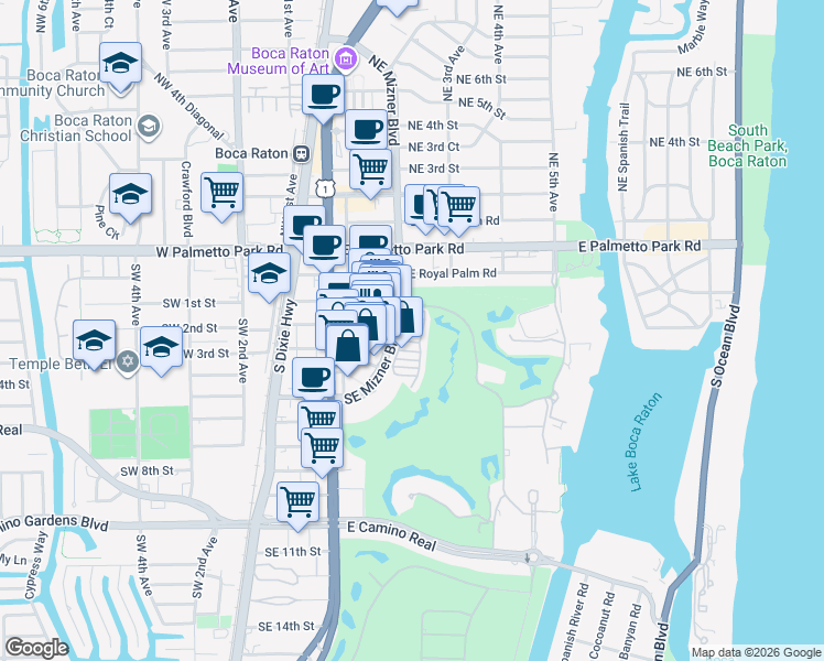 map of restaurants, bars, coffee shops, grocery stores, and more near 200 Southeast Mizner Boulevard in Boca Raton
