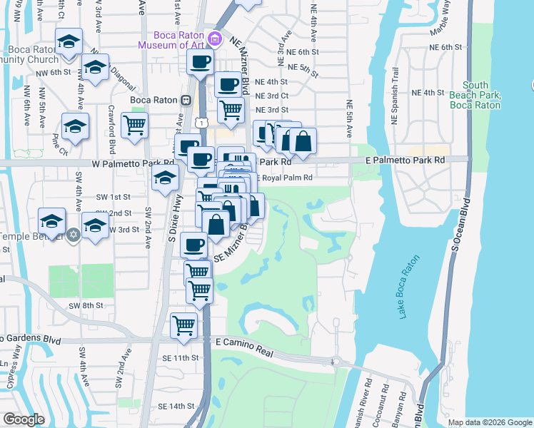 map of restaurants, bars, coffee shops, grocery stores, and more near 370 Southeast Mizner Boulevard in Boca Raton