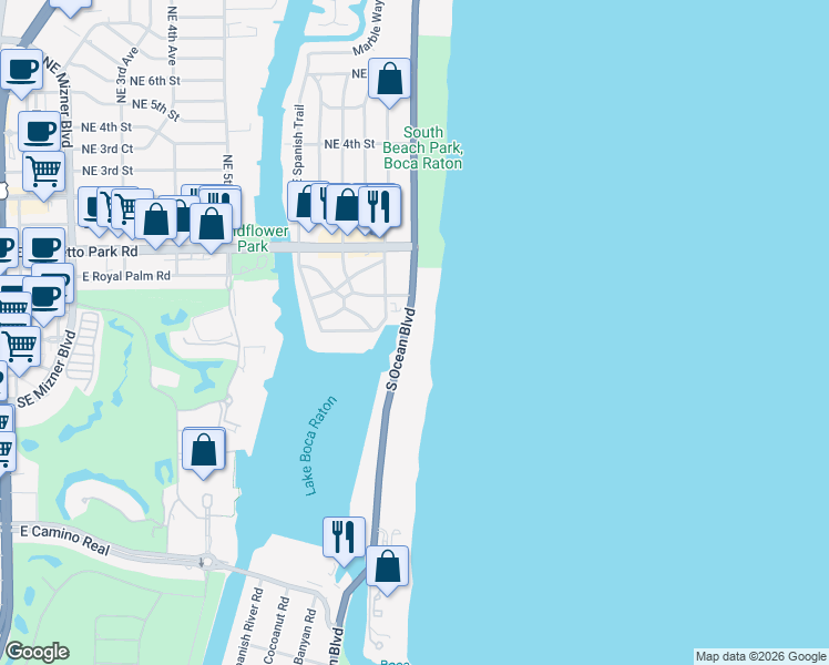 map of restaurants, bars, coffee shops, grocery stores, and more near 350 South Ocean Boulevard in Boca Raton