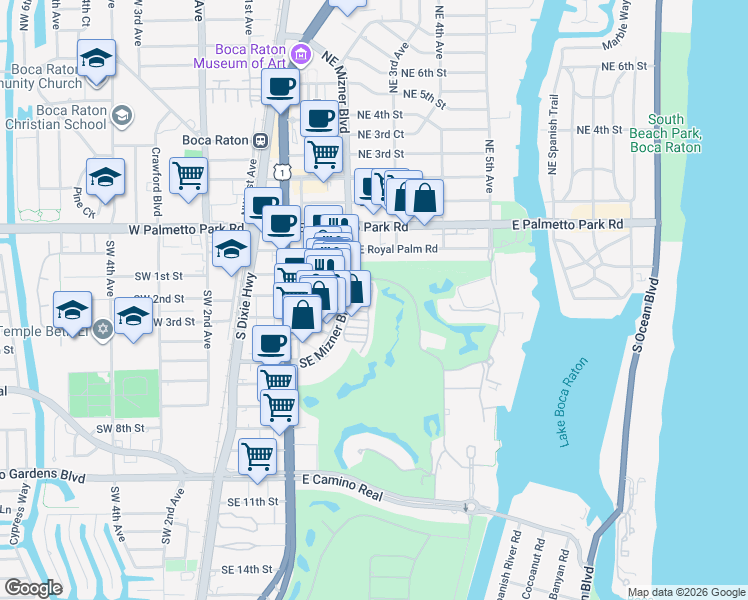 map of restaurants, bars, coffee shops, grocery stores, and more near 370 Southeast Mizner Boulevard in Boca Raton