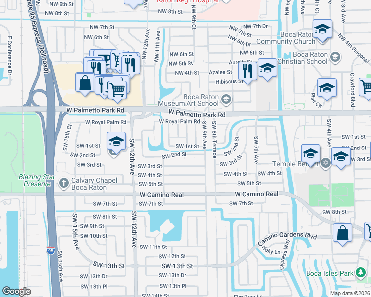 map of restaurants, bars, coffee shops, grocery stores, and more near 978 Southwest 1st Street in Boca Raton