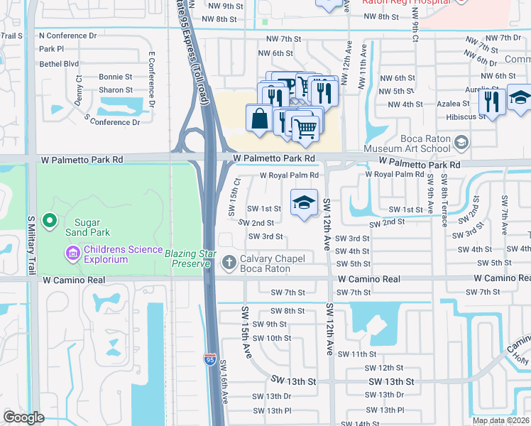 map of restaurants, bars, coffee shops, grocery stores, and more near 1399 Southwest 2nd Street in Boca Raton