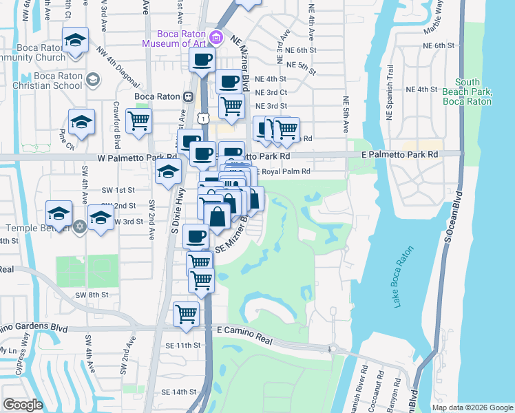 map of restaurants, bars, coffee shops, grocery stores, and more near 200 Southeast Mizner Boulevard in Boca Raton