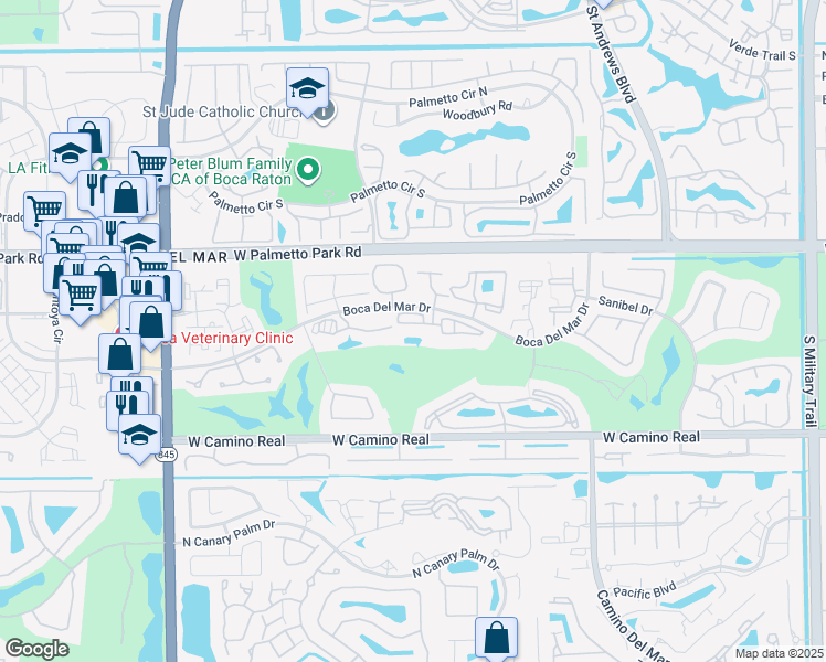 map of restaurants, bars, coffee shops, grocery stores, and more near Queens Gate in Boca Raton